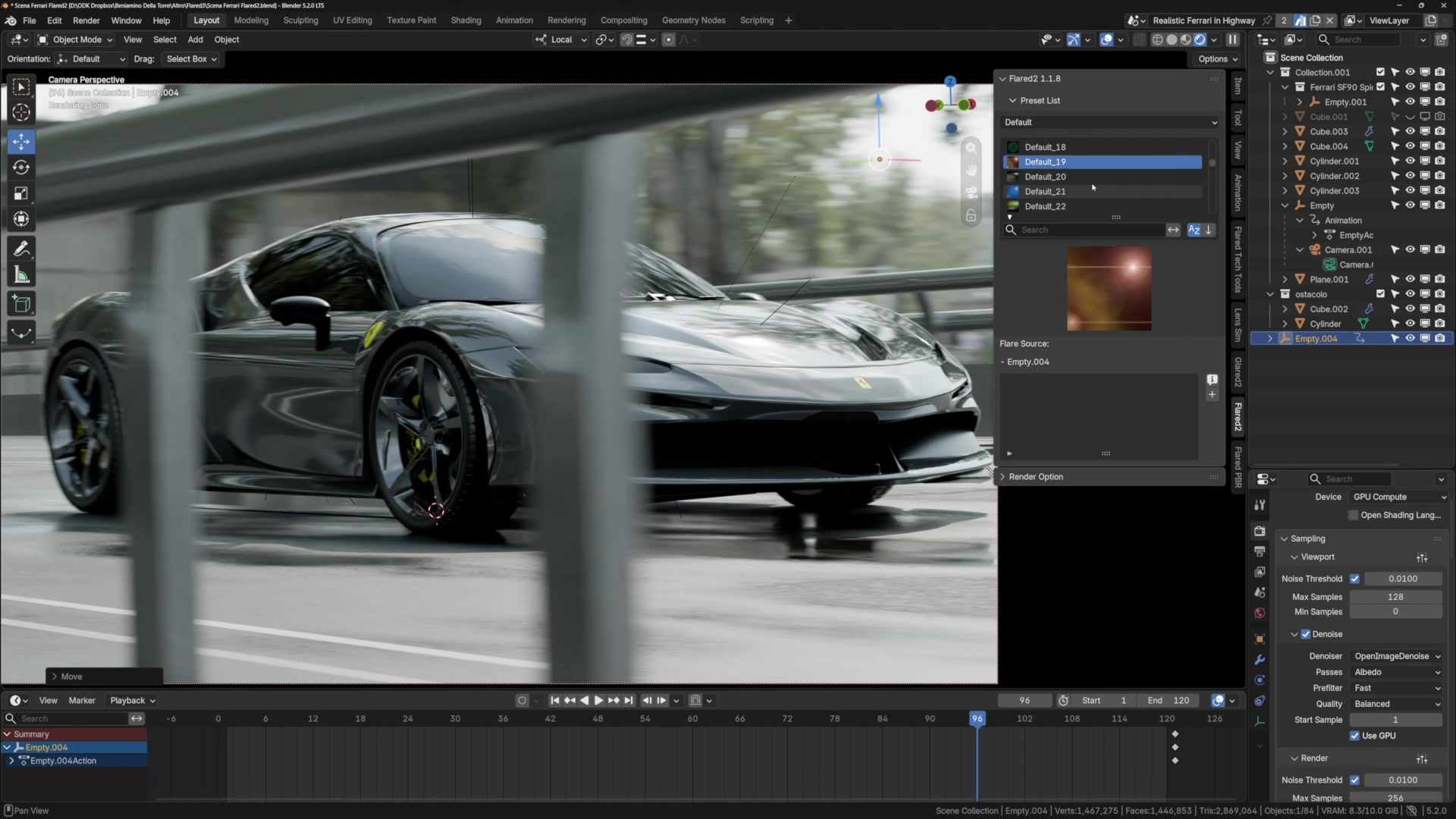 Flared2 controls and lens flare in the Blender viewport